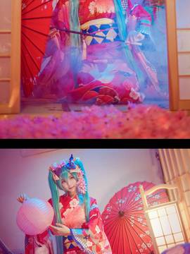 初音花色衣仙鹤和服 C O S_初音未来和服 (9)